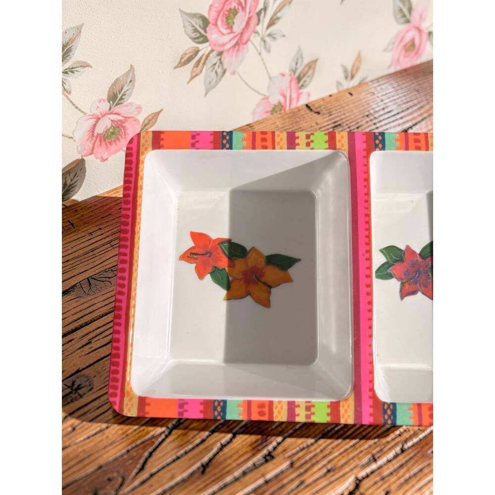 Evergreen Set 2 Triple Section Serving Trays Floral Fiesta Dip Appetizer Dishes - Picture 5 of 8